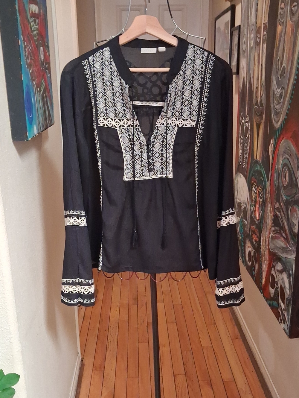 Embroidered Black Peasant Blouse with Cream Trim